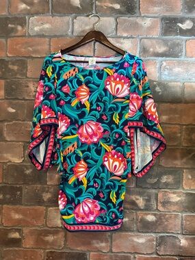 Trina Turk Teal Floral Batwing Tunic with Pink & Orange Accents